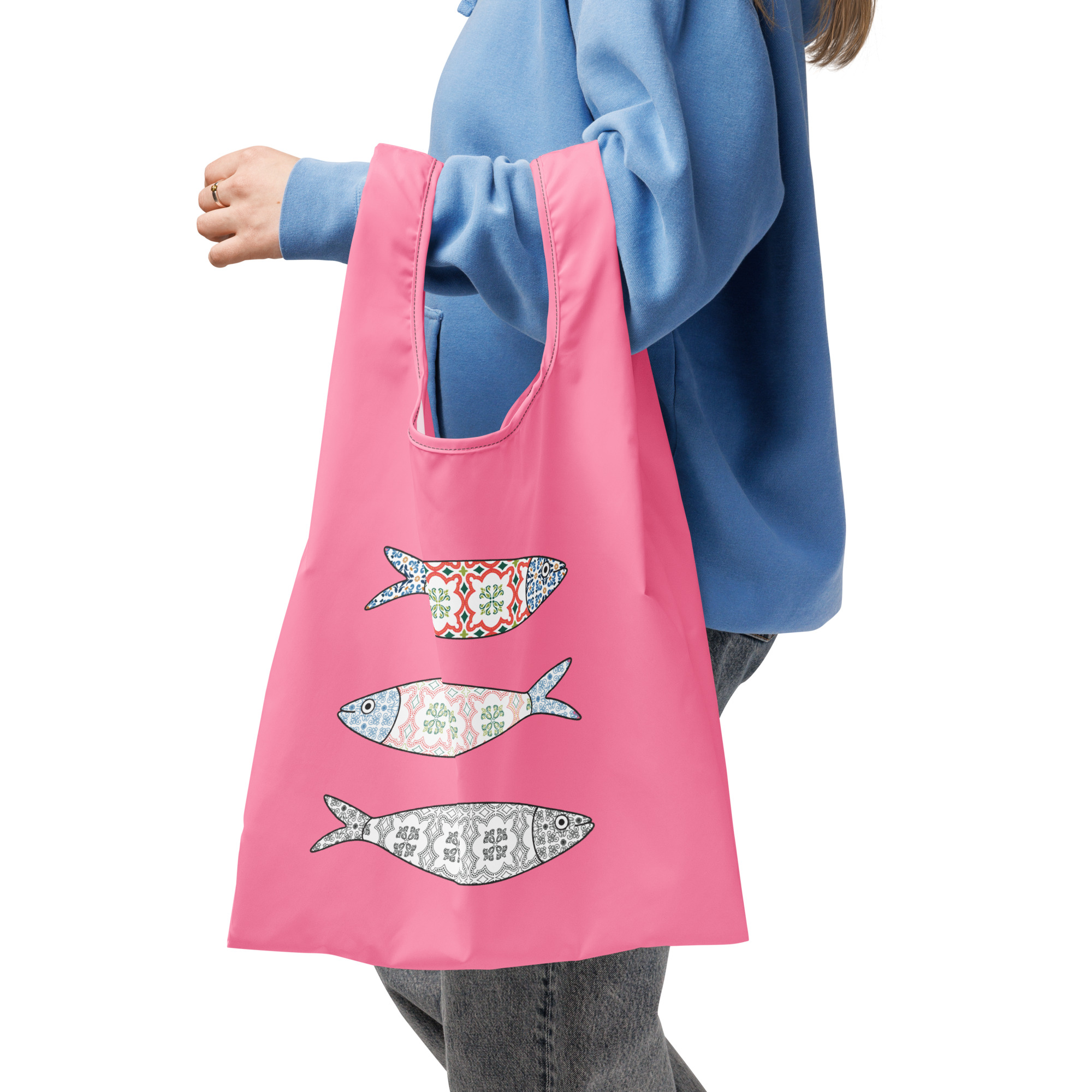 Pink Shopping Bag with Lisbon Style Decorative Fishes - Image 2